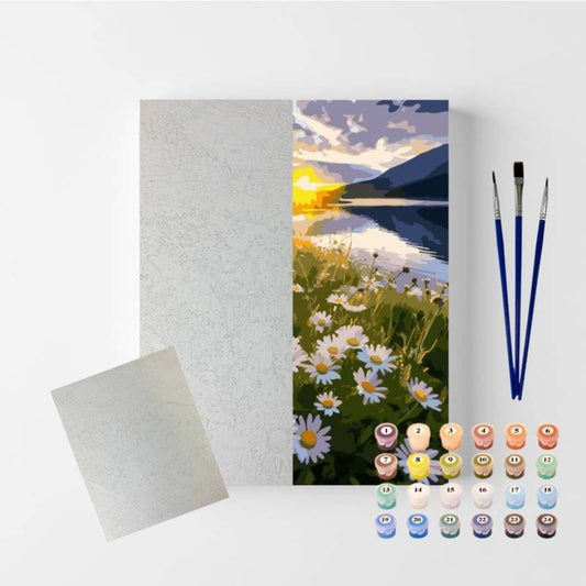 Conjunto Pintura Numerada Arte Terapia 40X50cm Pôr do Sol e Margaridas