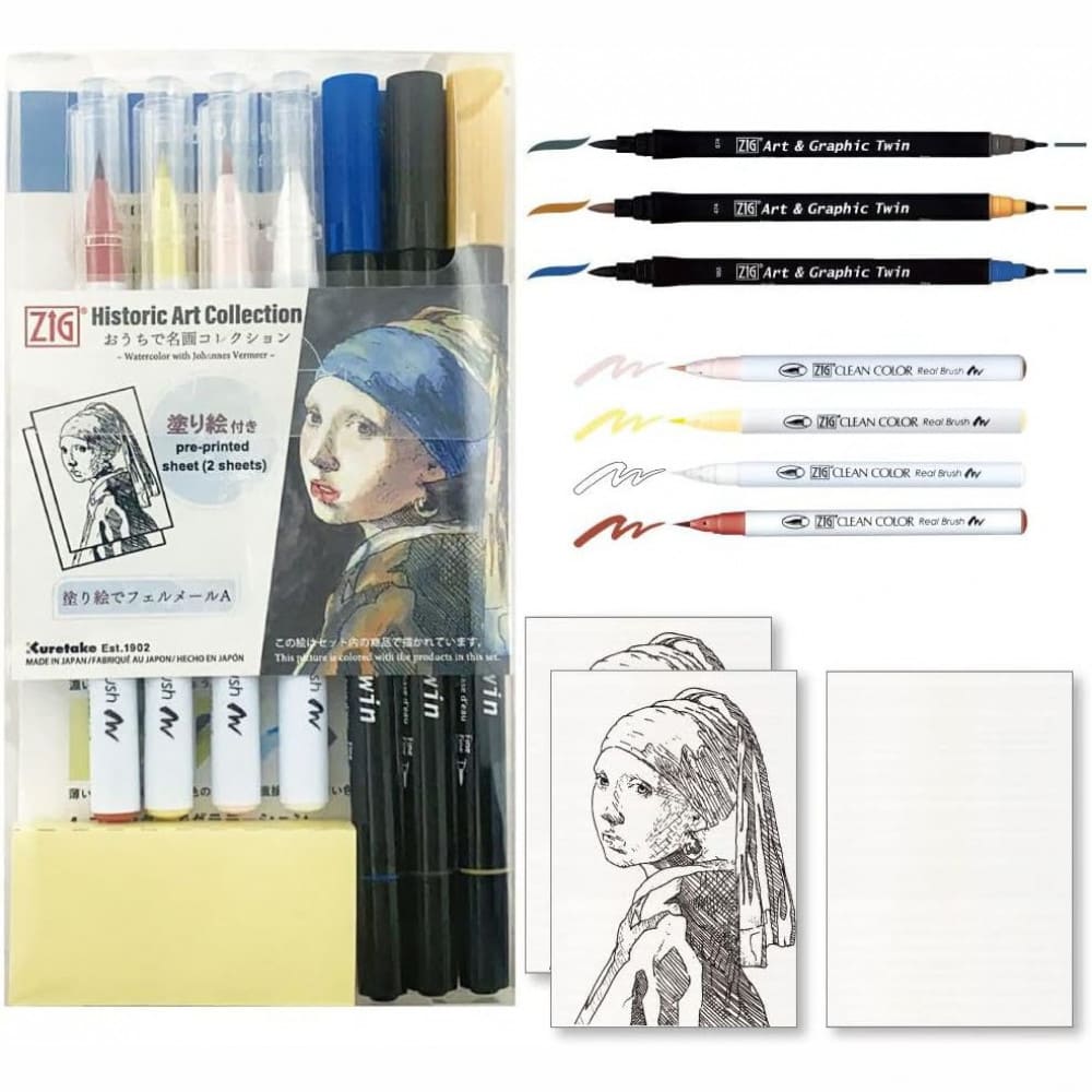 Caneta Aquarelável + Caneta Zig Real Brush Kuretake Coleção Arte Johannes Vermeer