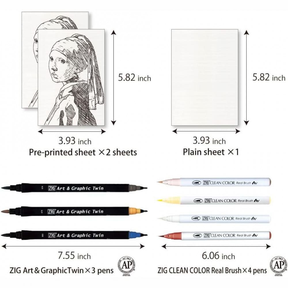 Caneta Aquarelável + Caneta Zig Real Brush Kuretake Coleção Arte Johannes Vermeer