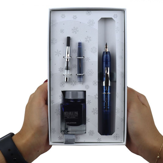 Conjunto Caneta Tinteiro Platinum Curidas M Abyss Blue Edição Limitada
