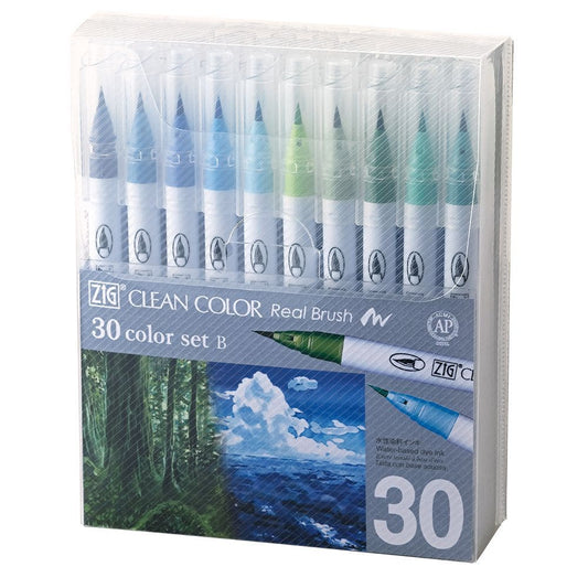 Estojo Caneta Kuretake Zig Clean Color Real Brush 30 Tons de Azul e Verde