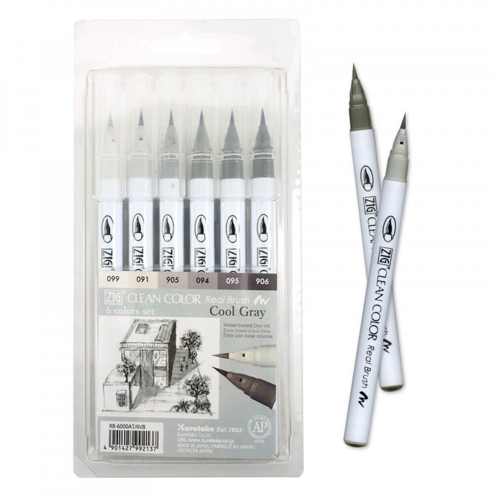 Estojo Caneta Zig Real Brush Kuretake Cool Gray 6 Unidades