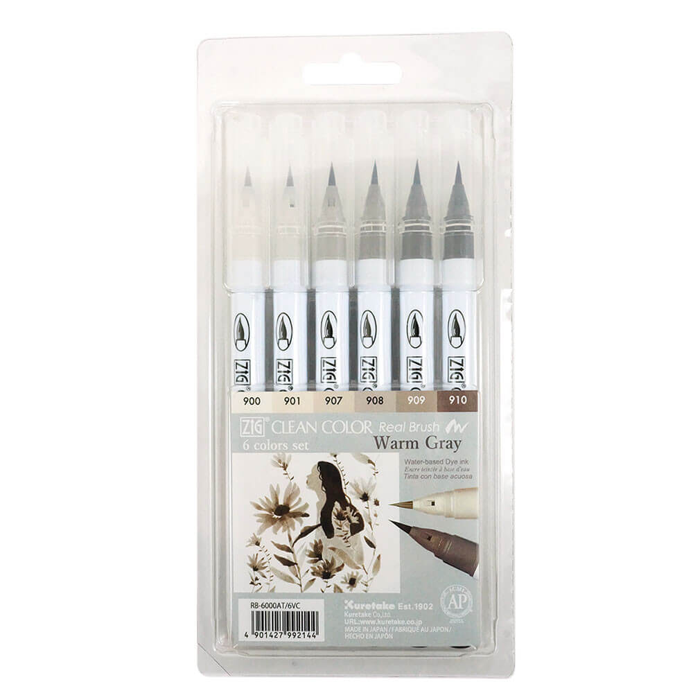 Estojo Caneta Zig Real Brush Kuretake Warm Gray 6 Unidades