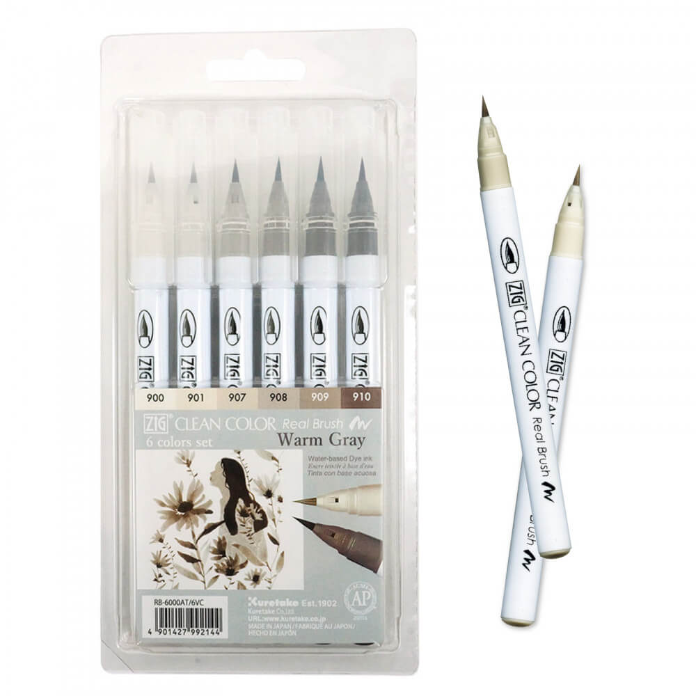 Estojo Caneta Zig Real Brush Kuretake Warm Gray 6 Unidades
