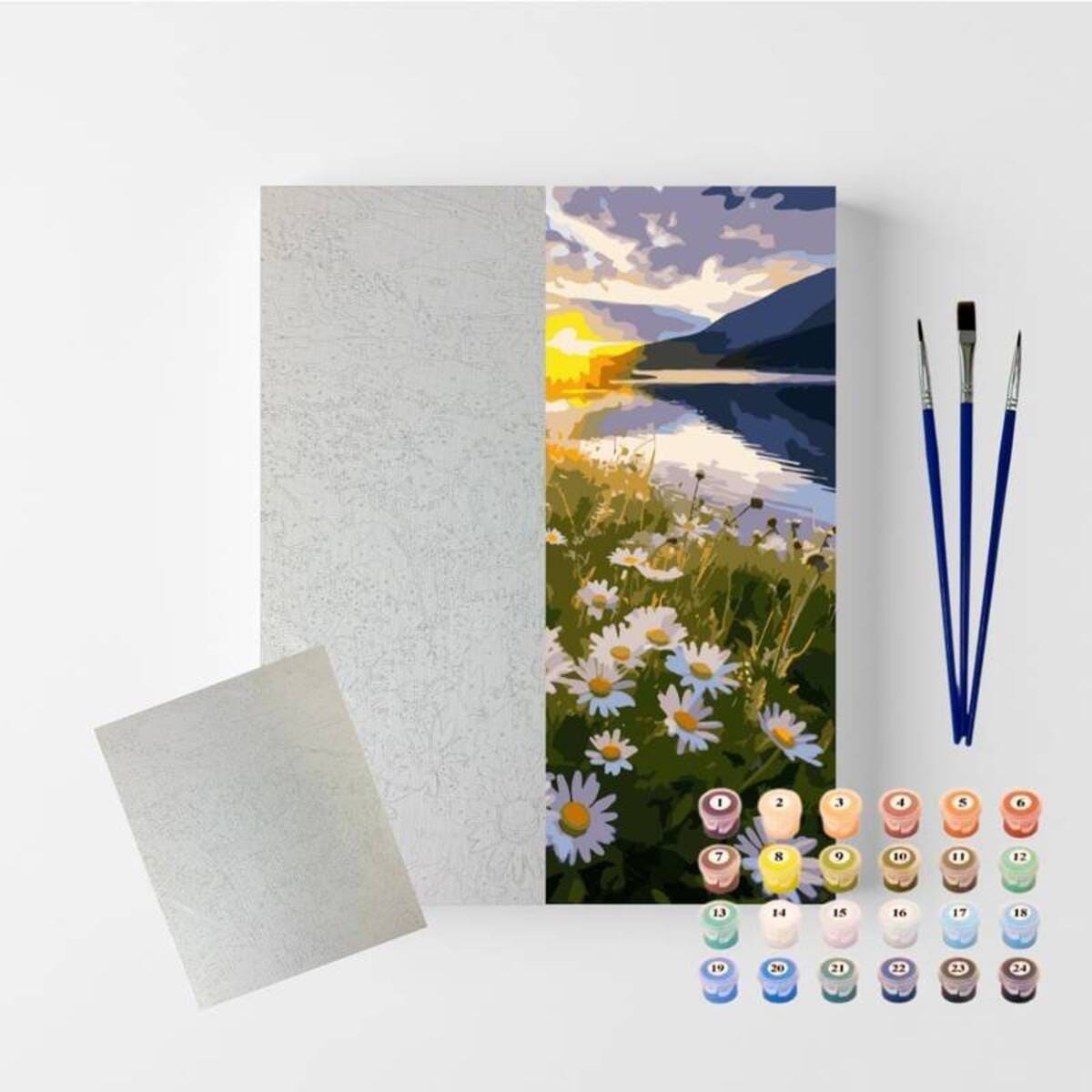 Conjunto Pintura Numerada Arte Terapia 40X50cm Pôr do Sol e Margaridas