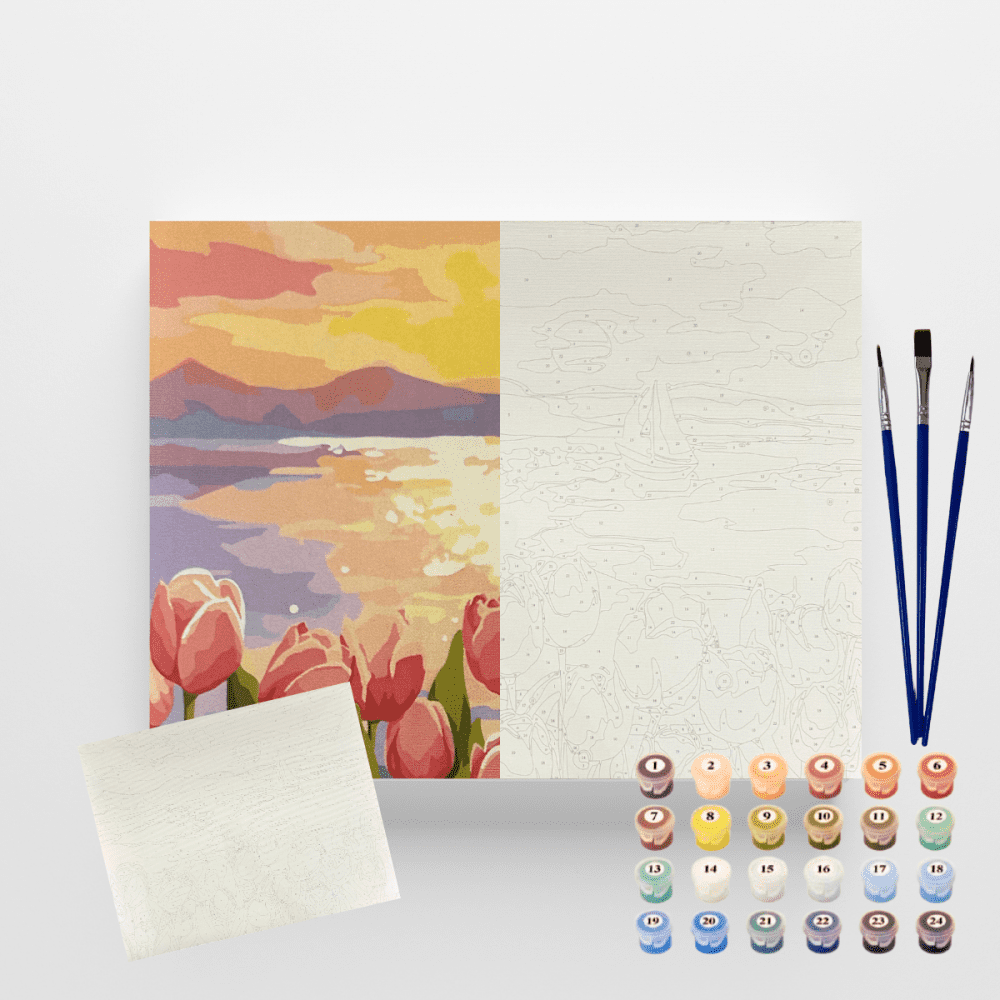 Conjunto Pintura Numerada Arte Terapia 40X50cm Por do Sol Tulipas