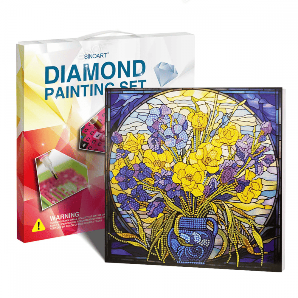 Conjunto Pintura Diamante Sinoart 30X30cm  Flores Amarelas e Violetas