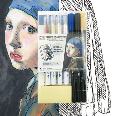 Caneta Aquarelável + Caneta Zig Real Brush Kuretake Coleção Arte Johannes Vermeer