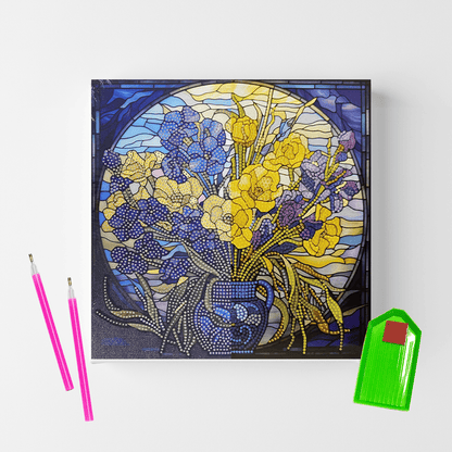 Conjunto Pintura Diamante Sinoart 30X30cm  Flores Amarelas e Violetas