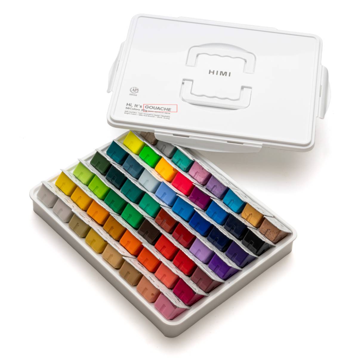Estojo Branco C/ Tinta Guache Profissional Himi 56 Cores (Tradicionais/Metálicas/Neon)