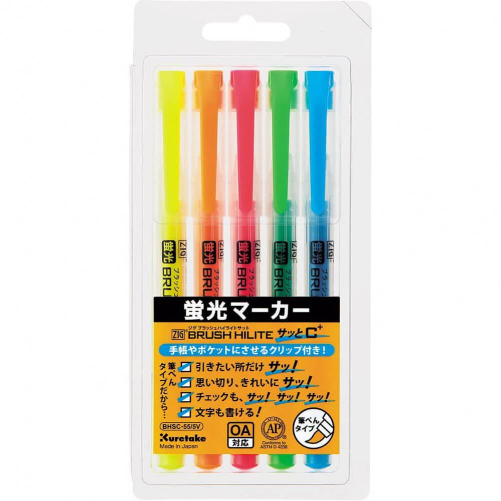 Estojo Caneta Brush Fluorescente Kuretake 5 Unidades