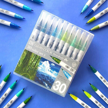 Estojo Caneta Kuretake Zig Clean Color Real Brush 30 Tons de Azul e Verde