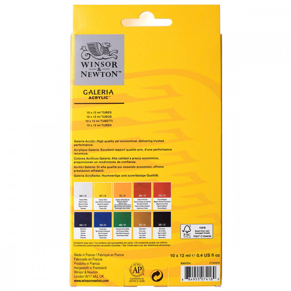 Estojo Tinta Acrílica Galeria Winsor & Newton 12ml 10 Cores