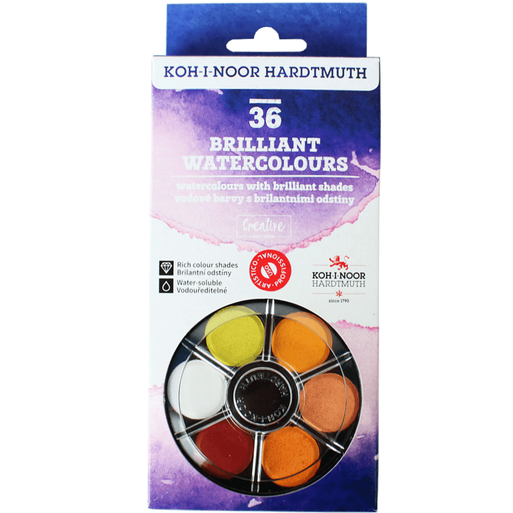 Tinta Aquarela em Pastilha Koh-I-Noor 36 Cores Brilhantes