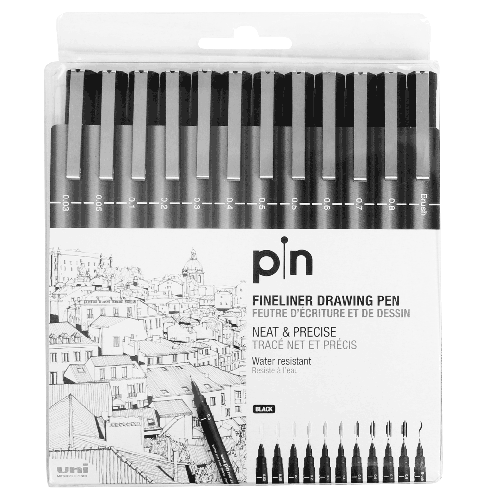 Estojo Caneta Nanquim Uni PIN 200 Uni-Ball 12 Pontas